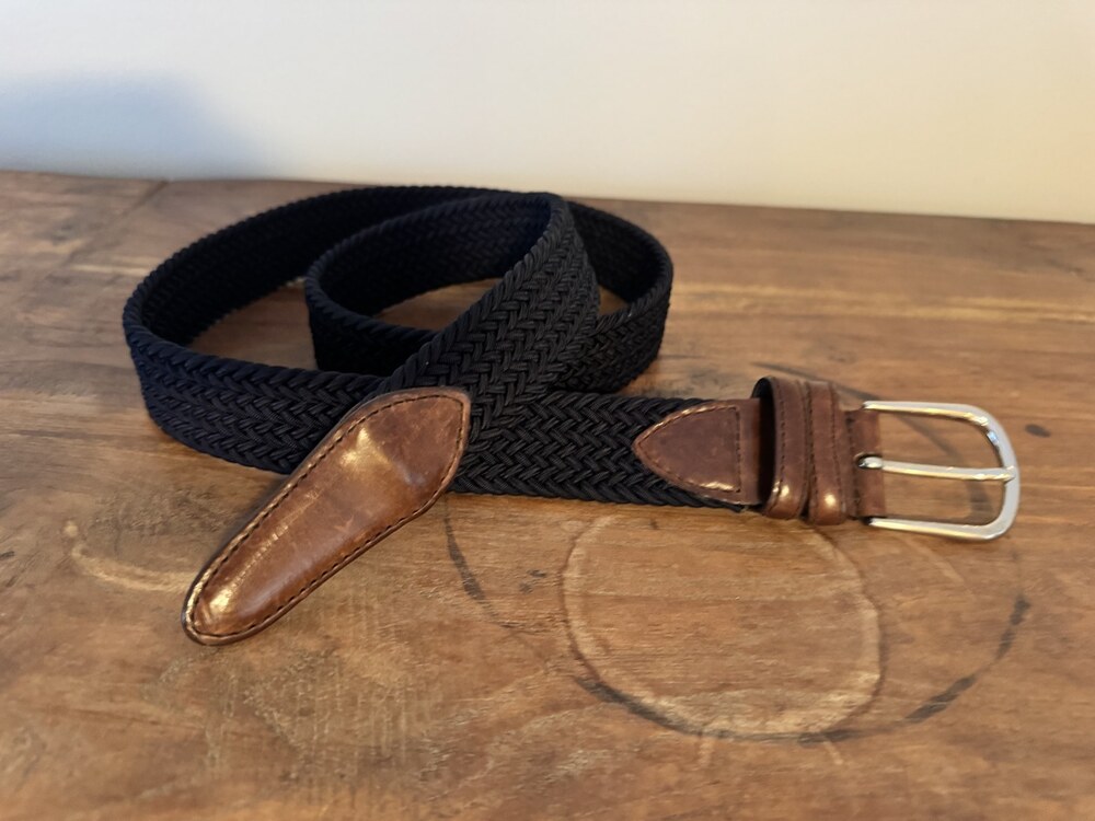 LONGHI Braided Stretch Belt Navy Blue Leather Tab Silver Horseshoe Buckle